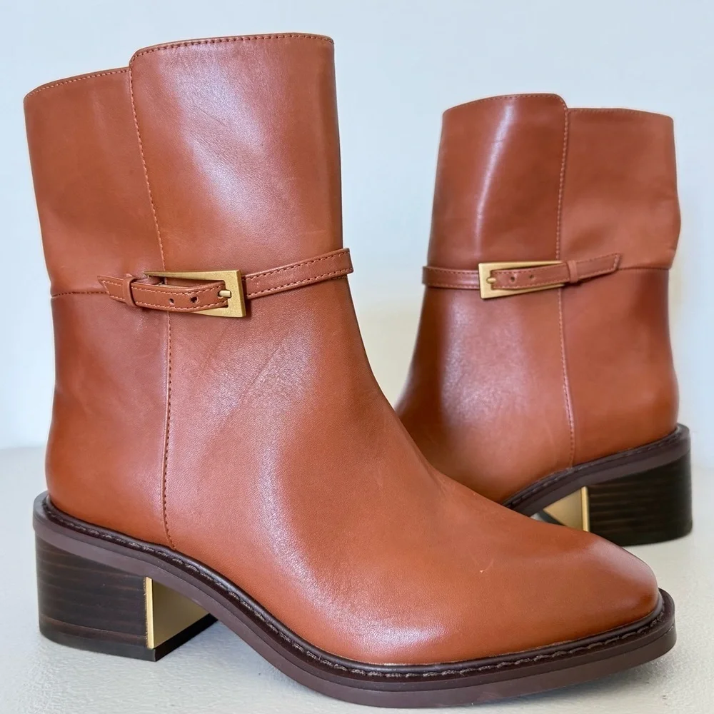 NEW Vince Camuto Gali Cognac Brown Leather Buckle Ankle Boots Size 8